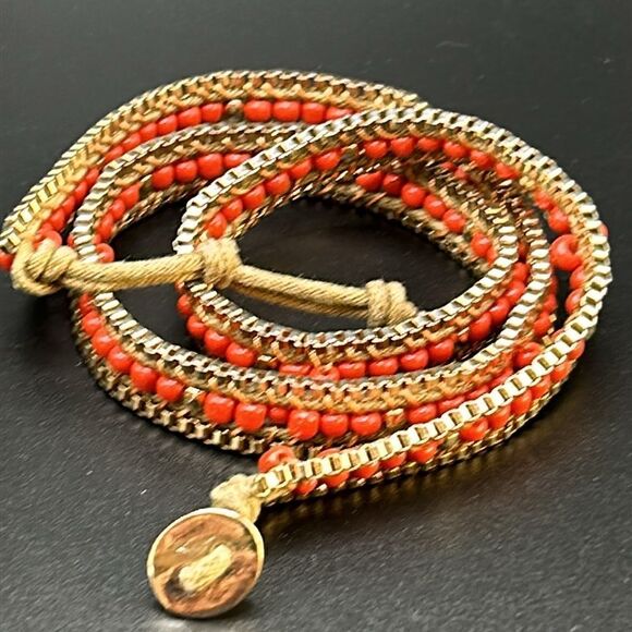 Set of Two Leather Wrap Beaded Bracelets Gold Tone Turquoise & Coral - Picture 2 of 7